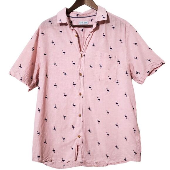 Tenth + Ocean Linen Pink Flamingo Beach Shirt Size L Casual Button Up Mens - Picture 1 of 8